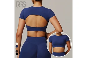 Roregal Quick Drying Round Neck Yoga Short Sleeved Hollow Back Tight Fitting Top Running Fitness T-Shirt for Women