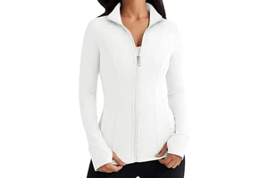 New Women White Color Full Sleeve Zipper Yoga Jacket Stand Neck Breathable Activewear Tops