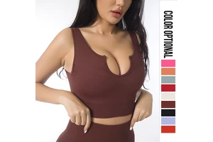 Women Ribbed Shockproof Crop Yoga Top Lady Low Neck Open Back Gym Vest Female Gather Quick Dry Running Fitness Bra