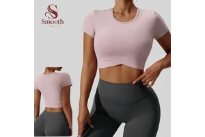 SMOOTH Customized Women's Summer Sexy Cropped Round Neck Yoga T-shirt, Short-sleeved High-elastic Breathable Sportswear