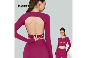 PASUXI Women's Yoga Tops Fitness Wear - Breathable Backless Workout Shirt with Chest Pads, Slim Fit Long Sleeve Activewear