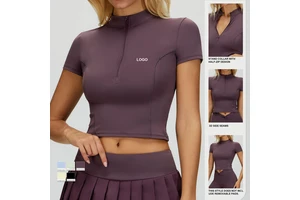 Breathable 220g Four-Way Stretch Sports Top Yoga Short Sleeve Tight with Front Logo Skinny Fit for Outdoor Running