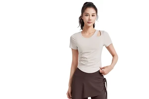 Slimming and Wrinkle-reducing Yoga Wear, Women's One-piece Cup with Chest Pad, Short-sleeved T-shirt, Fitness Sportswear Top