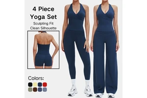 Trendy Yoga Athleisure Set Womens Halter Cross V Neck Backless Top High Rise Shorts Slim Leggings Loose Wide Pants Workout Gym