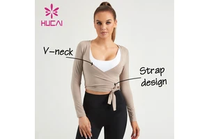 HUCAI Custom Spandex Slim Fit Sexy Knot Cross Front V-neck Sports Tee Yoga Crop Top Long Sleeve Gym t Shirt for Women