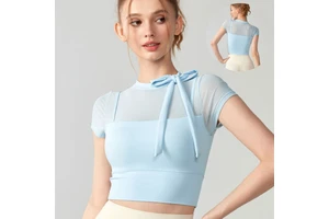 Aoyema Women Sportswear With Built-In Padding Breathable Semi-high Collar Design T-Shirt With Neckline Strap Yoga Short Sleeve