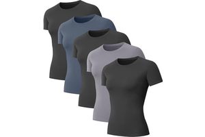 5-Pack Womens Solid Polyester Slim Fit Compression Shirts Short Sleeve Workout Tops Athletic Baselayer Quick Dry Gym Yoga