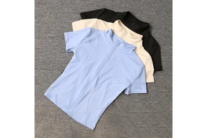 Quick-dry for Running Tight-fitting Sports T-shirt Stand-up Collar Zipper Pilates Yoga Wear Women Cycling Short-sleeve Solid
