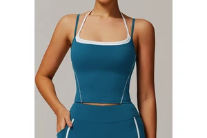 US/EU Woman Double Straps Color Contrast Padded Longline Gym Tops Breathable Spring Slim Fit Halter Yoga Crop Tops 2025