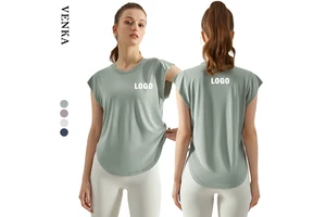New Arrival Woman Athletic Wear Luxury Short Sleeve Yoga Shirt O-Neck Irregular Curve Bottom Crop Top Sports T-Shirts