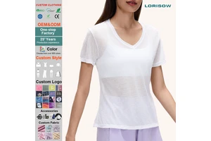 LORISOW Yoga Wear Women's V-Neck Casual Loose Fit Solid Short-Sleeve T-Shirt Lightweight Quick-Dry Fitness Top