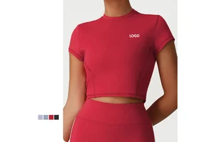 Wholesale Tight-Fit Exercise Shirts Four Way Stretch Breathable Shorts Sleeve Yoga Top Women's Slim Fit Gym Tee