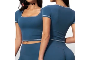 2036 Yoga Short-sleeved Tight-fitting Waist-exposed Color Blocking Outer Wear Sports Quick-drying Running Fitness Top Yoga Tops