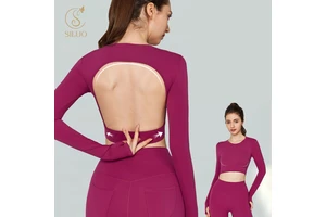New Sexy Backless Long Sleeves Yoga Top Short Length Slimming T-Shirt Fixed Chest Pad Thumb Hole Breathable Fitness Top Running