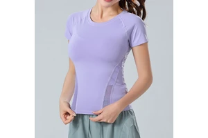 Tight Fit Short Sleeves Round Neck Mesh Breathable Ultra Stretch Quick Dry Sports Fitness Gym Clothes Women