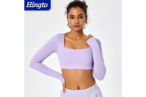 Compression Soft Spandex Customizable Logo Slim Fit Shirts for Women's Long Sleeve Square Neck Quick Dry Yoga Tops Cropped Shirt