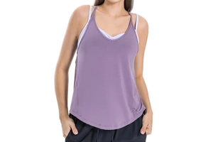 Women's Stylish Purple Gym Tank Top Breathable Yoga Fitness Sports Blouse with Strappy Sleeves Loose Strap Workout