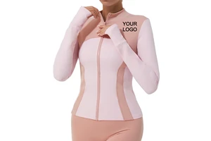 Custom Logo Color Block Stand Collar Zip Up Jacket for Women, Slim Fit Long Sleeve Yoga Workout Top with Thumb Holes