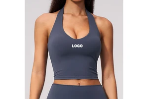 Women's Low Cut Halter Yoga Top Built-in Bra V Neck Backless Sportswear 4 Way Stretch Gym Fitness Tank Top With Custom Logo