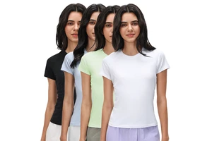D26037 Women Summer 66.1%cotton Fitness Short Sleeve Round Collar Stretch Running Yoga Solid Slim Fit Sweet Speed Dry T-shirt