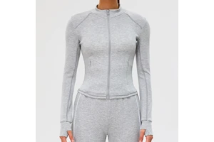 Stand Long Sleeve Women'S Tight Yoga Jackets Zipper Pockets Sports Tops Thumb Hole