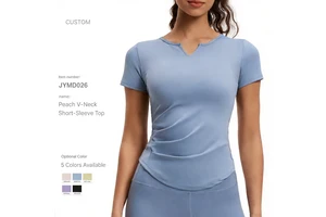 Custom Nylon Spandex Quick Dry V Neck Slim Fit Women Yoga Short Sleeve T Shirt with Ruched Waist for Gym Yoga Running Workout