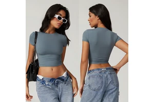 Striped Ribbed Workout Gym Yoga Top Wrinkle Running Crop Rib Short Sleeve Yoga Shirt Short Sport Short Sleeved Slim Fit Yoga Top