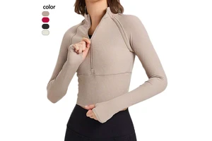 Women Quick Dry Stand Collar Slim Running Tops Casual Solid Color Thumb Hole Body Shaping Front Half Zip Gym Yoga Clothing