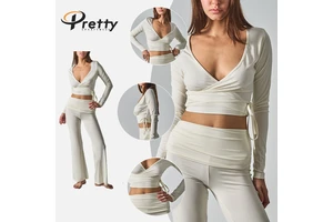 2026 Women's Yoga Wear Modal Tie-Up Long Cardigan Cross Deep V-Neck Slim Fit Knitted T-Shirt Casual Yoga Long Sleeve