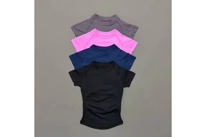Women Lightweight Breathable Athletic Top Slim Fit Seamed Workout Shirts Short Sleeve Yoga Tops Sports Running Shirt Front Logo