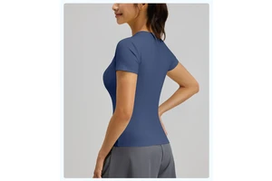 In Stock Breathable Quick Dry 4 Way Stretch Spandex Short Sleeve Slim Fit Women's Yoga Gym Custom Workout Sports Top For Summer