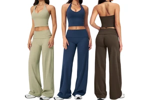 TZ5529-4 Fitness Sets Halter Neck Beautiful Back Womens Running Yoga Top Ruched Butt Lifting Slim Flare Pants Gym Yoga Sets