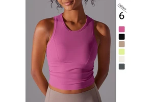 New Breathable Double-sided Nylon Solid Color Tight Belly Covering Crew Neck Sports Vest Running Fitness Yoga Clothes Long Top