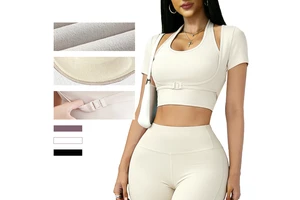 No Bra Needed Breathable Lightweight Four-Way Stretch Spandex/Polyester Solid Lace-Up Skinny Fit Halter Yoga Short Sleeve Top