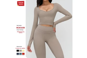 Cross-border Brushed Women's Spandex/Nylon Yoga Long-sleeve V-neck Sweat-Wicking T-shirt Tight-fitting Casual Yoga Wear Top
