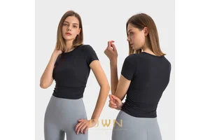 High Quality DOWINI Striped Ribbed Micro Pleated Waist Tightening Short Sleeved High Elasticity and Slimming Women Yoga Sports Top