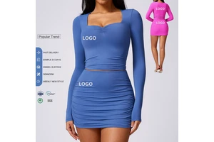 Custom Running Quick Dry Exercise Long Sleeved Fitness Top Desire Pleated Short Skirt Spicy Girl Pure Long Sleeved Yoga Suit