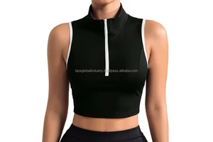 Custom Women Sleeveless High Neck Crop Top Half Zip Athletic Slim Fit Bras Contrast Binding Yoga Sports Vest