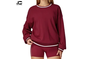 Women's New Fashion Autumn Color Blocking Long Sleeved Loose Casual Sports Shirt Keep Warm Round Neck Windproof Yoga Tops