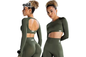 Lcool New Design Solid Backless Crop Long Sleeve Yoga Sportswear High Waist Seamless Breathable Four-Way Stretch Plus Size