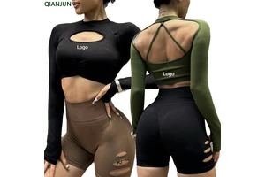 Wholesale Women's Fashion Yoga Top Backless Sexy Yoga Long Sleeves Tight Slim Fit Top With Chest Pad