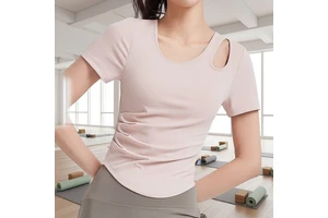 Slim Wrinkled Women's Custom Spandex Short-Sleeve Moisture Wicking Skinny Fit All-In-One Cup Sports Yoga Top Summer