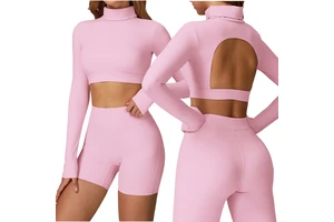 Women Long Sleeve Yoga Top High Neck Cut Out Back Padded Sports Shirt Patchwork Tight Fit Workout Gym Running Activewear