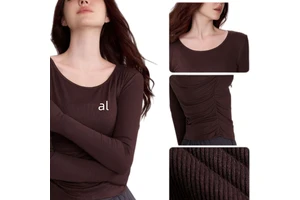 Newly Designed AIL Spring and Autumn Women's Round Neck Yoga Top with Pleated Slim Fit, Long Sleeved Pilates Running Yoga Suit