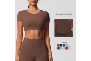 Lezyan Women's Double-Sided Abrasive Sports Fitness T-Shirt Short-Sleeved Chest Pad Brocade Ammonia Fabric Elastic Waist Yoga