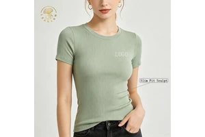 Factory Direct Custom Logo Casual Cotton White Cute Basic Jersey Tshirt Aesthetic Blank Slim Y2K Women Rib Neck Baby Tee Tshirt