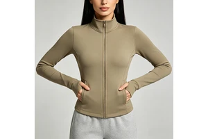 Women Front Zipper Pocket Yoga Jacket Long Sleeve Lightweight Breathable Four-Way Stretch Fitness Top Outdoor Sports Wear Plus