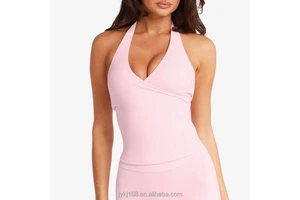 OEM Custom logo Skinny Sexy Deep V Neck Halter Removable Pads Bra Slim Fit Workout Training Yoga Gym Crop Tank Top Women