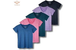 High Quality Women's V Neck Solid Color Summer Knitted Breathable T-Shirt Soft Organic Cotton Slim Fit Casual OEM Custom Logo