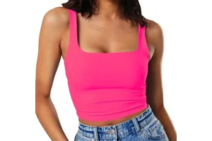 HUACHEN Women's Sleeveless Strappy Square Neck Double Layer Spandex Breathable Casual Workout Fitness Tank Tops Regular Length